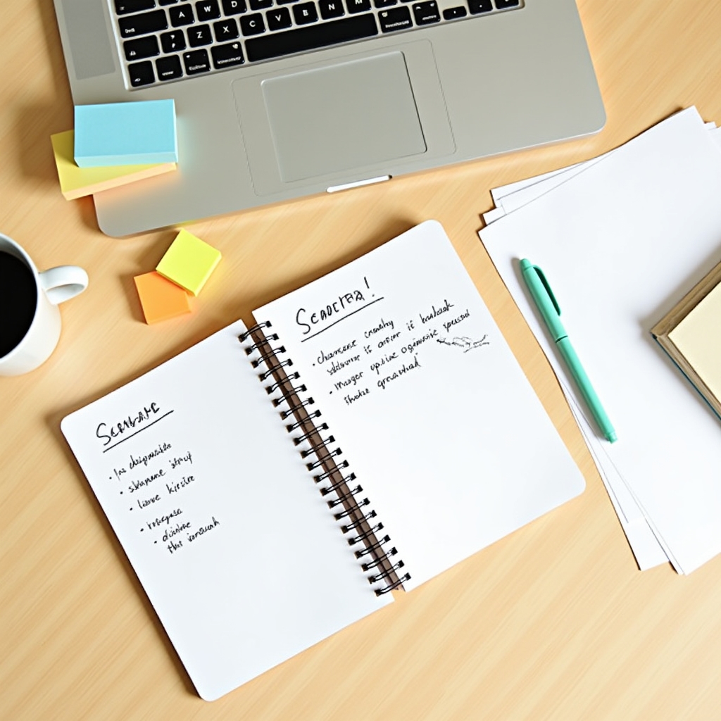 Pracovní stůl s otevřeným notebookem a vzdělávacími materiály